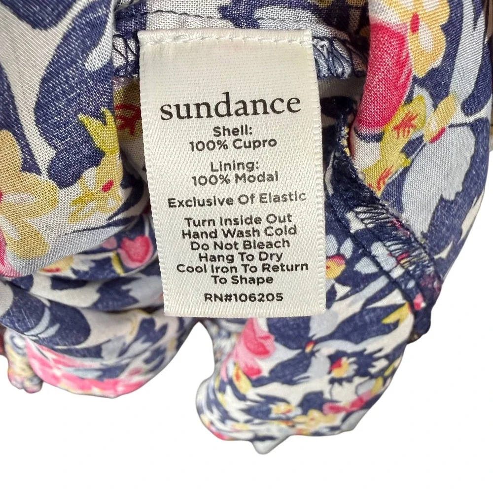 Sundance Floral Cupro Midi Dress Blue Red‎ Smocked Waist Short Sleeve Womens L